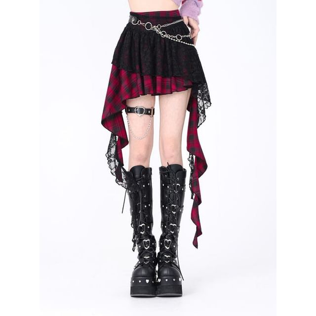 High Rise Tartan Check A-Line Mini Skirt with Lace Panel