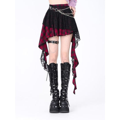 High Rise Tartan Check A-Line Mini Skirt with Lace Panel