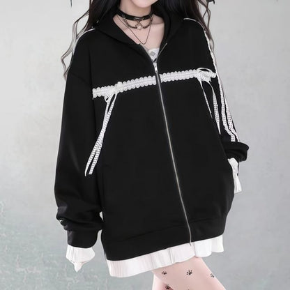 Plain Lace Trim Zip Oversized Hoodie