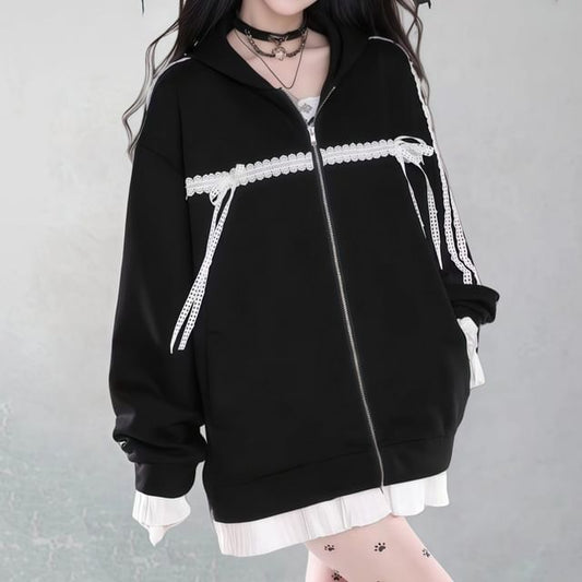 Plain Lace Trim Zip Oversized Hoodie