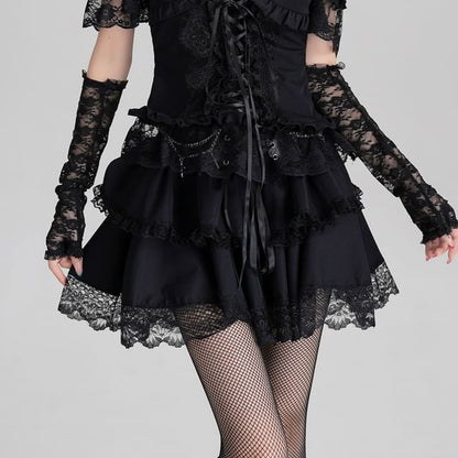 High Waist Lace Trim Tiered A-Line Mini Skirt