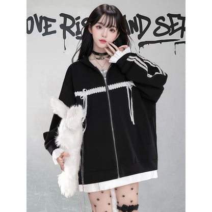 Plain Lace Trim Zip Oversized Hoodie