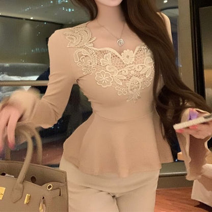 Long-Sleeve Lace Panel Flowy Top