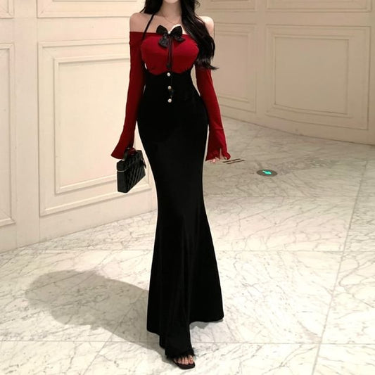 Set: Long-Sleeve Off Shoulder Top + Halter Neck Plain Maxi Mermaid Dress