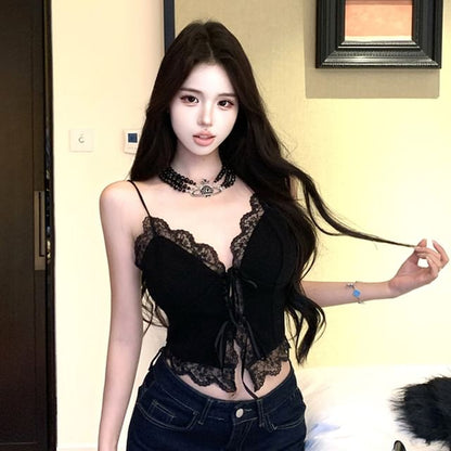 Sleeveless V-Neck Lace Crop Top