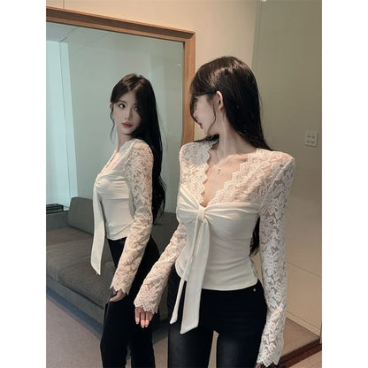 Long-Sleeve V-Neck Lace Panel Top