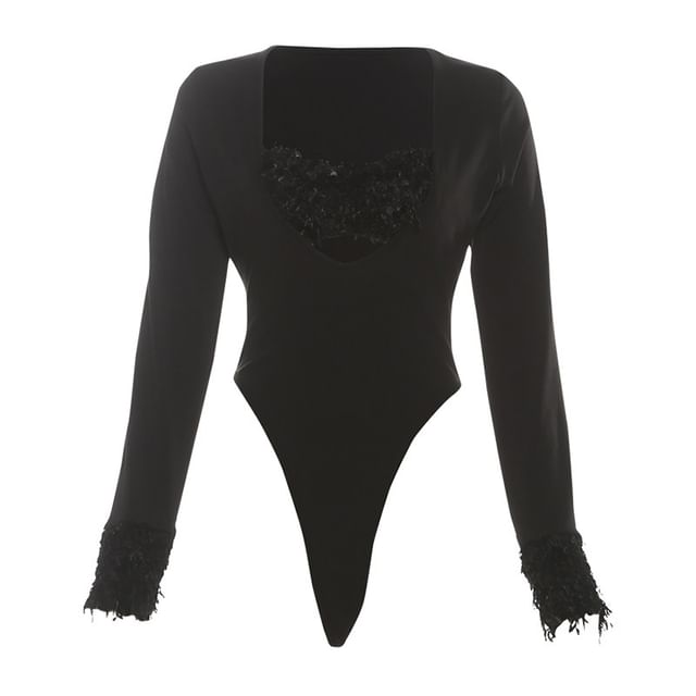 Scoop Neck Long-Sleeve Bodysuit and Low Waist Mini Skirt
