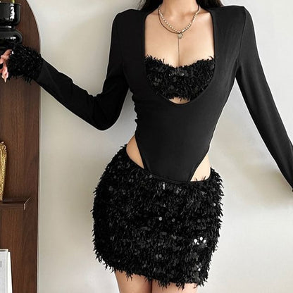 Scoop Neck Long-Sleeve Bodysuit and Low Waist Mini Skirt