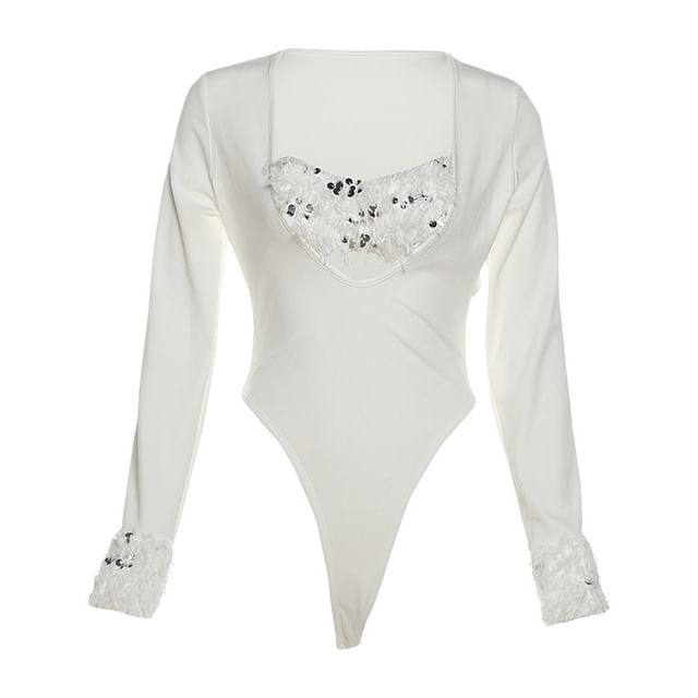 Scoop Neck Long-Sleeve Bodysuit and Low Waist Mini Skirt