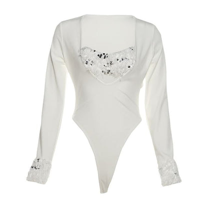 Scoop Neck Long-Sleeve Bodysuit and Low Waist Mini Skirt