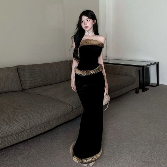 Strapless Fluffy Tube Top and High Waist Maxi Pencil Skirt Set