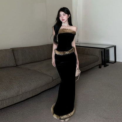 Strapless Fluffy Tube Top and High Waist Maxi Pencil Skirt Set