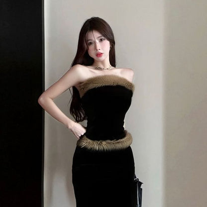 Strapless Fluffy Tube Top and High Waist Maxi Pencil Skirt Set