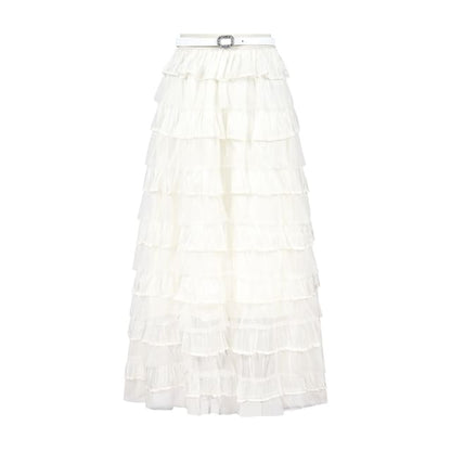 Belted Knit Top and Mesh Maxi A-Line Skirt Set