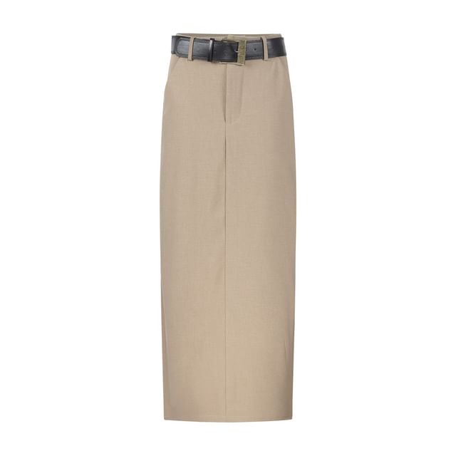 Long-Sleeve Half Buttoned Lace Top / Mid Waist Plain Maxi Skirt / Belt / Set