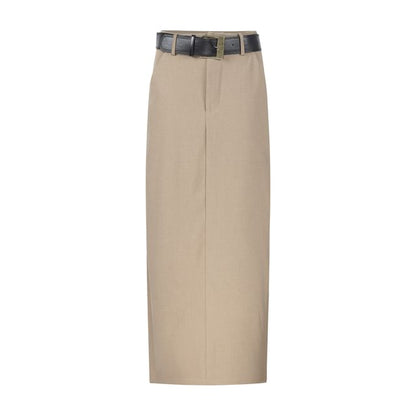 Long-Sleeve Half Buttoned Lace Top / Mid Waist Plain Maxi Skirt / Belt / Set