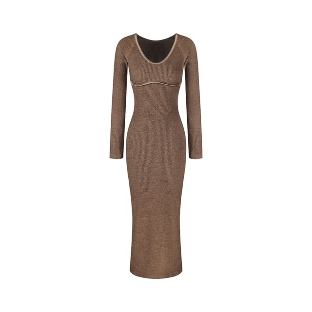Long-Sleeve V-Neck Knit Maxi Sheath Dress