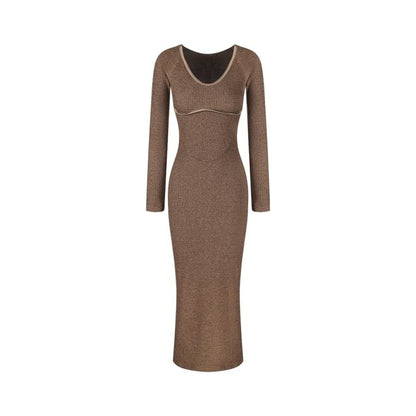 Long-Sleeve V-Neck Knit Maxi Sheath Dress