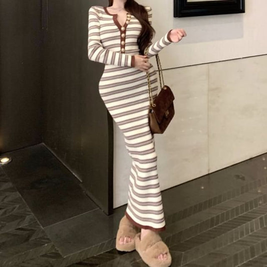Long-Sleeve Half Buttoned Striped Knit Maxi Sheath Dress