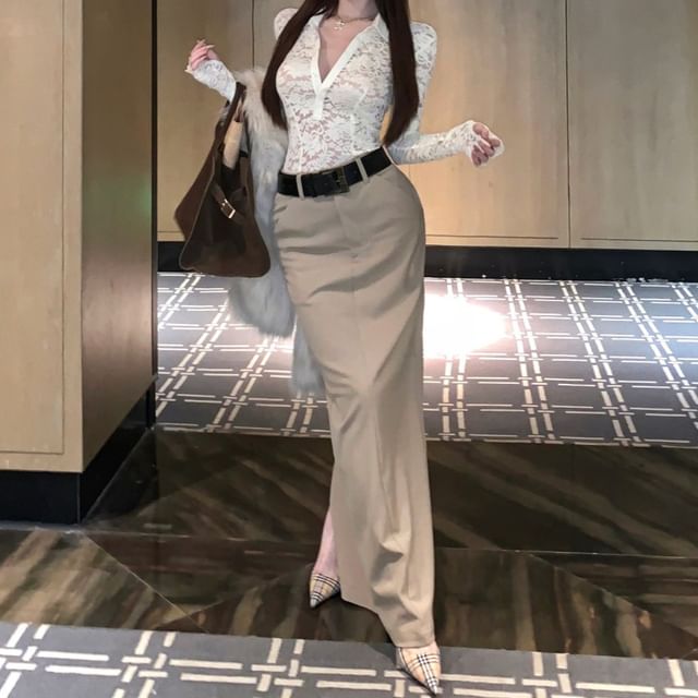 Half Buttoned Lace Top and Plain Maxi Skirt Set with Belt