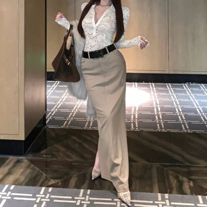 Half Buttoned Lace Top and Plain Maxi Skirt Set with Belt