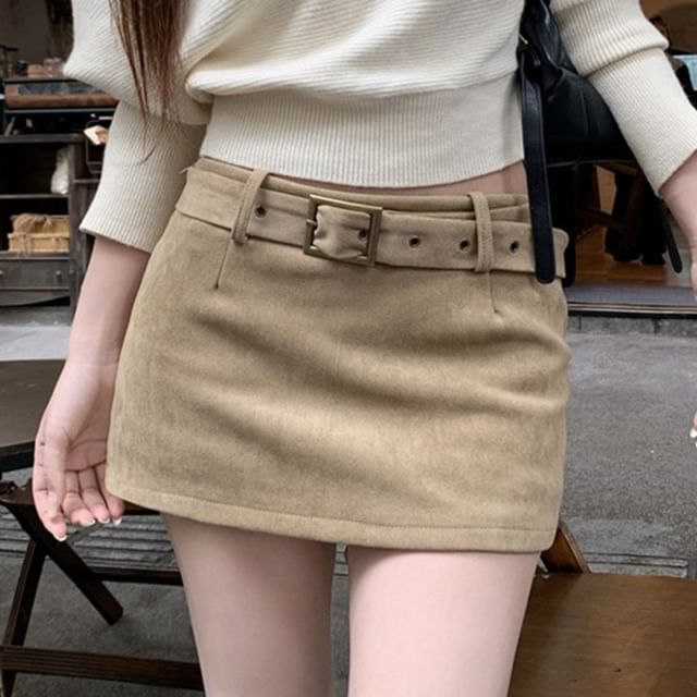 Belted Low-Rise Solid Mini Skirt