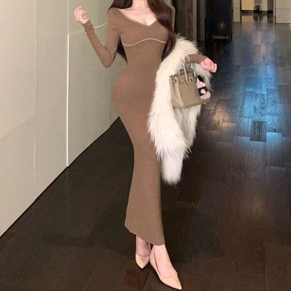 Long-Sleeve V-Neck Knit Maxi Sheath Dress