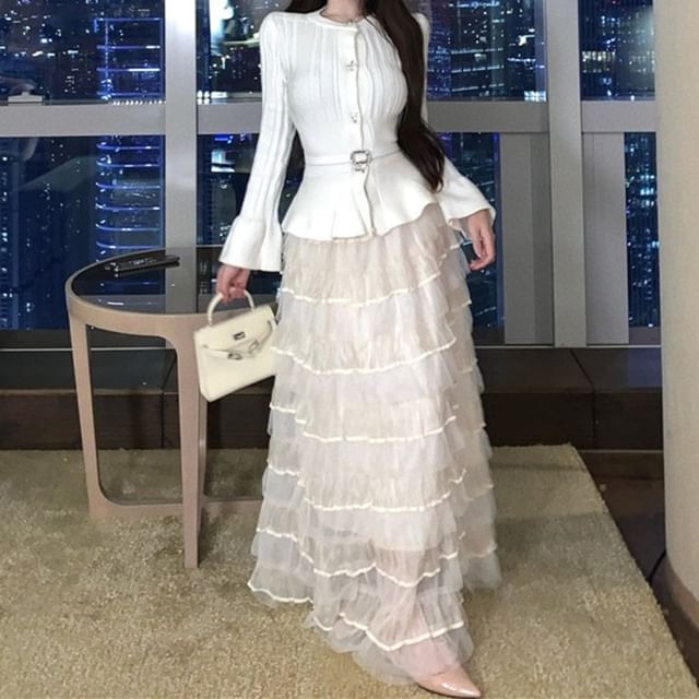 Belted Knit Top and Mesh Maxi A-Line Skirt Set