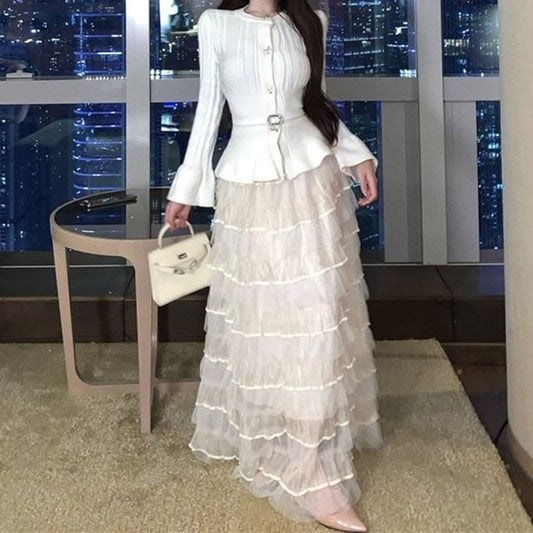Belted Knit Top and Mesh Maxi A-Line Skirt Set