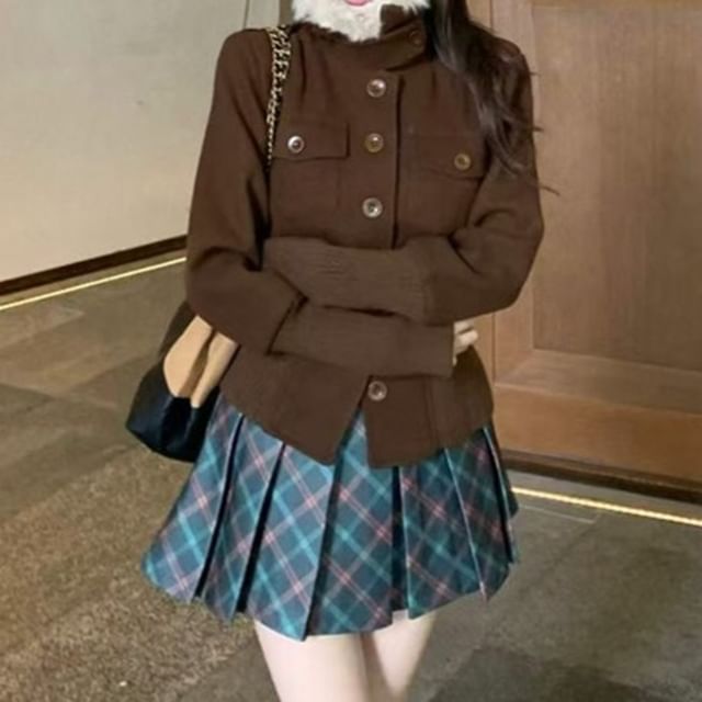 Mock Neck Button-Up Crop Jacket and Tartan Pleated Mini Skirt