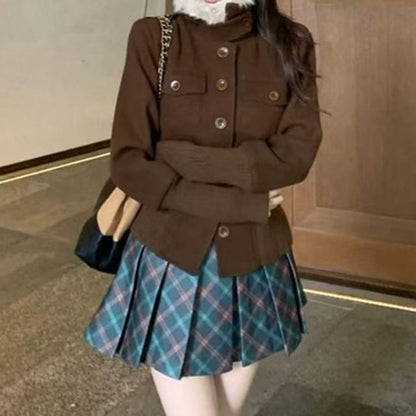 Mock Neck Button-Up Crop Jacket and Tartan Pleated Mini Skirt