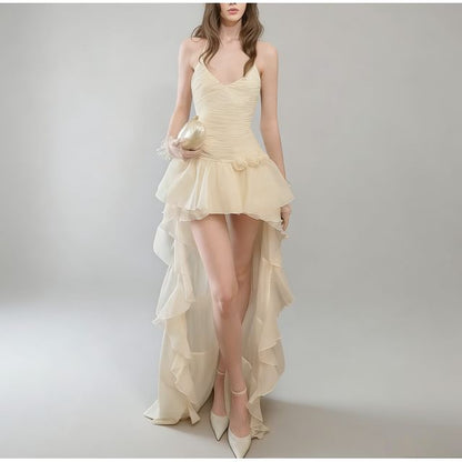 Spaghetti Strap V-Neck Plain Ruffled-Trim Asymmetric Hem Mini Dress