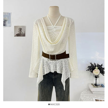 Cowl Neck Slim-Fit Top with Asymmetric Hem