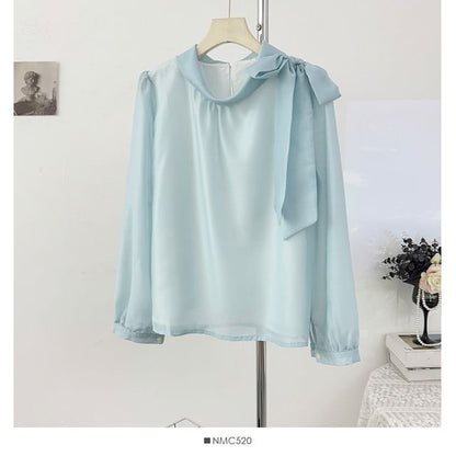 Polka Dot Tie-Neck Flowy Long-Sleeve Shirt