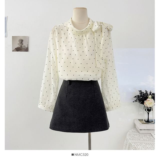 Polka Dot Tie-Neck Flowy Long-Sleeve Shirt