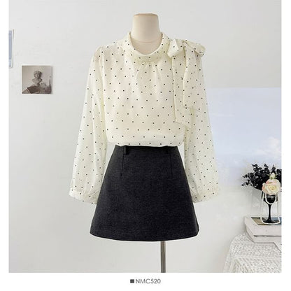 Polka Dot Tie-Neck Flowy Long-Sleeve Shirt