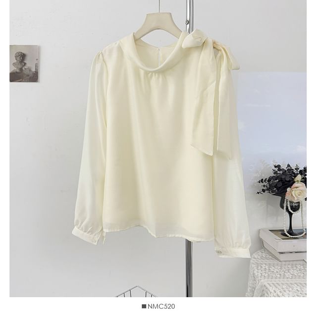 Polka Dot Tie-Neck Flowy Long-Sleeve Shirt