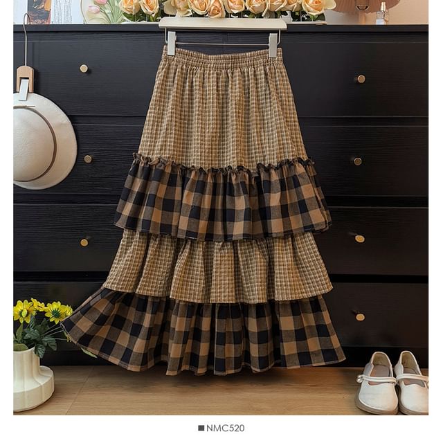 High-Waist Paneled Plaid Layered A-Line Midi Skirt