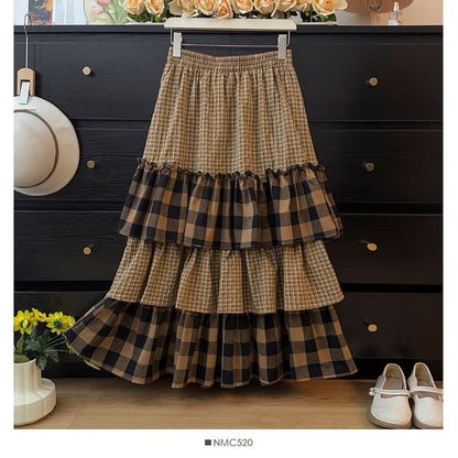 High-Waist Paneled Plaid Layered A-Line Midi Skirt