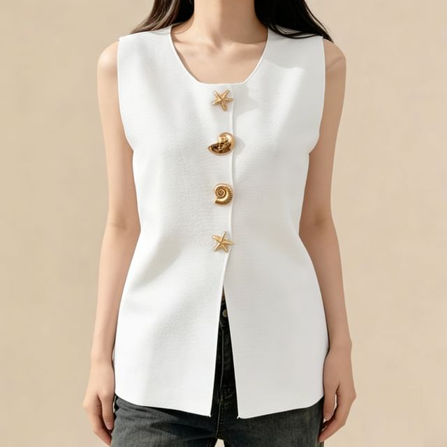Slit Scoop Neck Tank with Button Detail