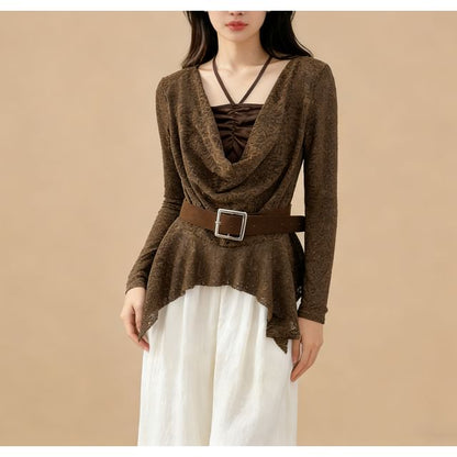 Cowl Neck Slim-Fit Top with Asymmetric Hem