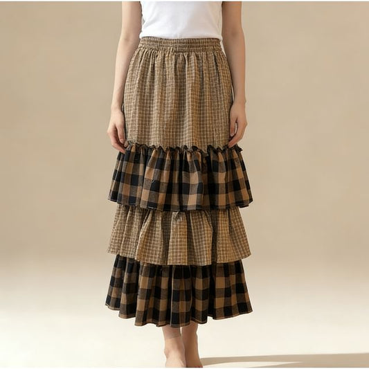 High-Waist Paneled Plaid Layered A-Line Midi Skirt