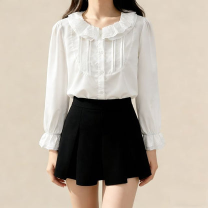 Ruffled Trim Loose-Fit Long Sleeve Shirt