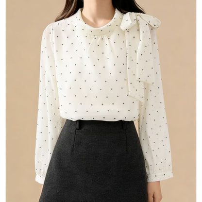 Polka Dot Tie-Neck Flowy Long-Sleeve Shirt