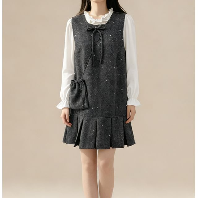 Glitter Pleated Mini Dress with Ruffled Blouse Set