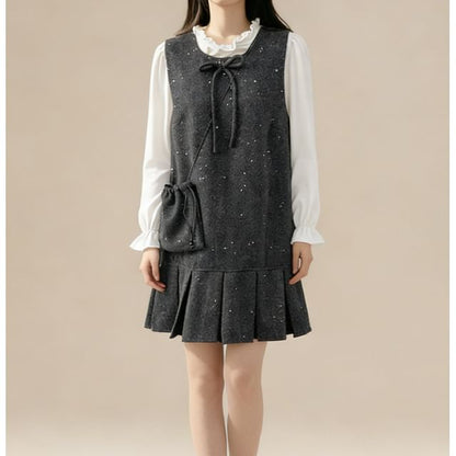 Glitter Pleated Mini Dress with Ruffled Blouse Set