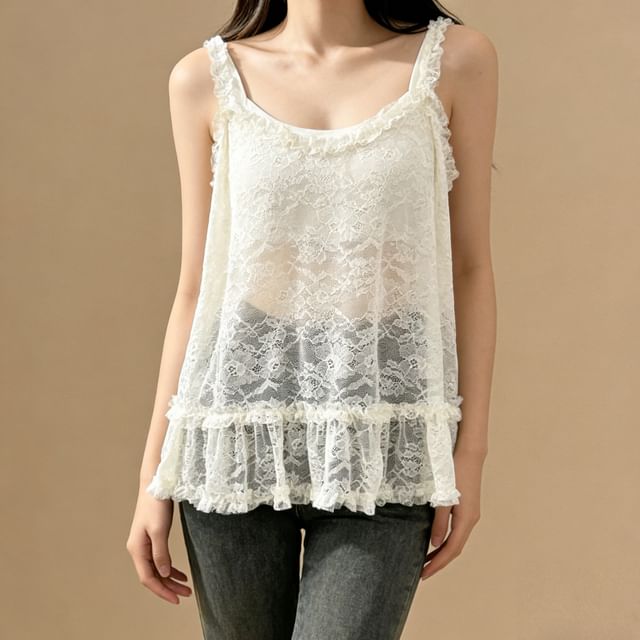 Lace See-Through Scoop Neck Tank