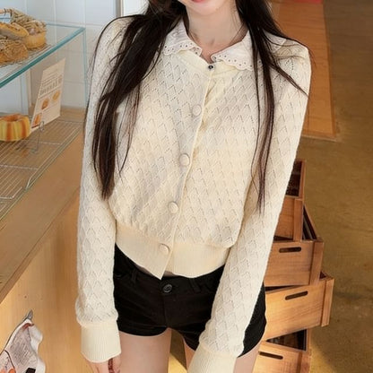 Peter Pan Collar Perforated Button-Up Crop Cardigan