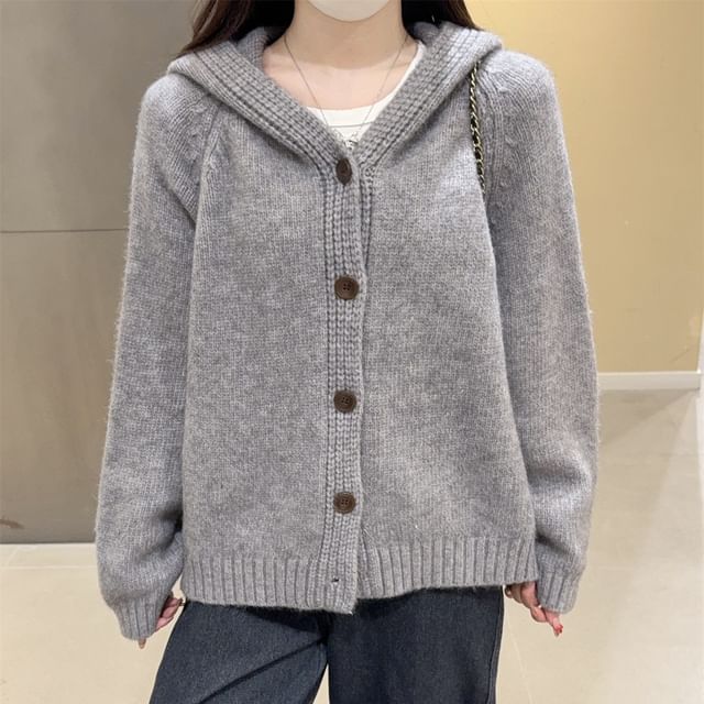 Plain Hooded Button-Up Cardigan