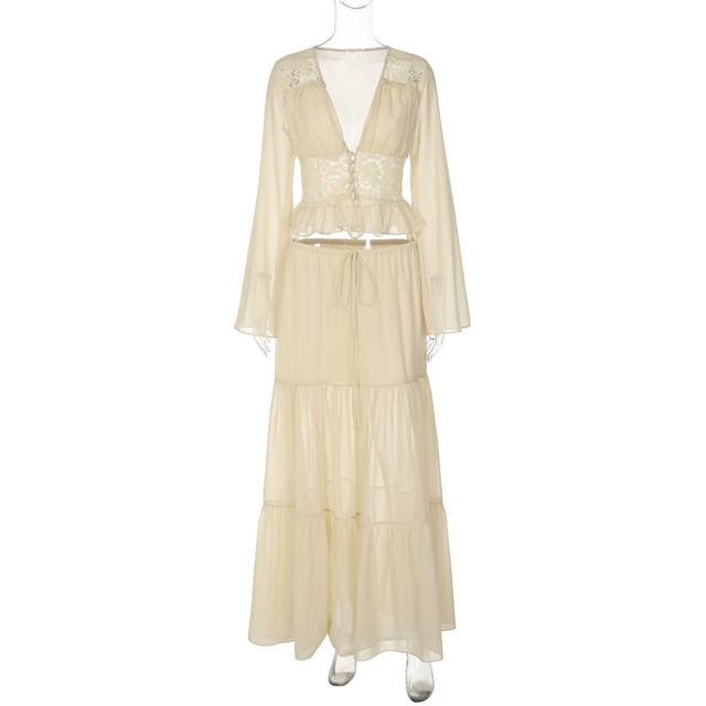 Bell Sleeve V-Neck Ruffled Blouse and Tiered Maxi Skirt Set